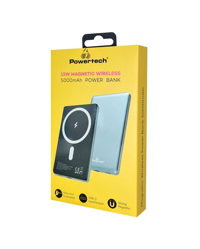 POWERTECH power bank PT-1171, 5000mAh, magnetic wireless, 15W, γκρι