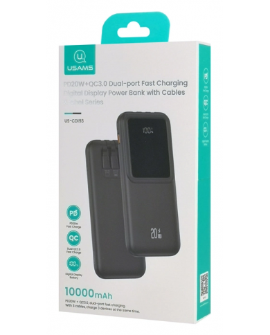 USAMS power bank  με καλώδια, 5x έξοδοι, 10000mAh, 20W, μαύρο USAMS power bank  με καλώδια, 5x έξοδοι, 10000mAh, 20W, μαύρο