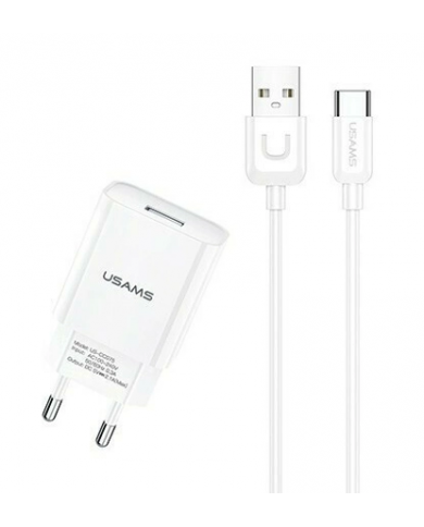 USAMS φορτιστής τοίχου με καλώδιο USB-C, USB 2.1A, λευκός