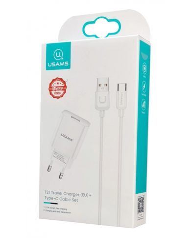 USAMS φορτιστής τοίχου με καλώδιο USB-C, USB 2.1A, λευκός