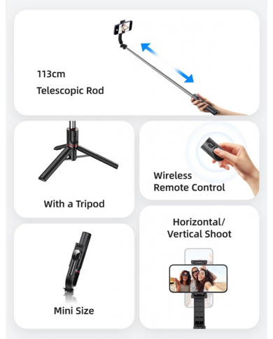 USAMS selfie stick  με τρίποδο, έως 113cm, Bluetooth, μαύρο