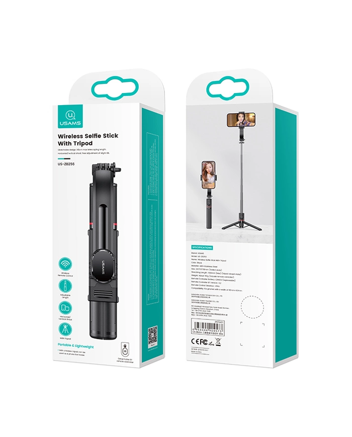 USAMS selfie stick  με τρίποδο, έως 113cm, Bluetooth, μαύρο
