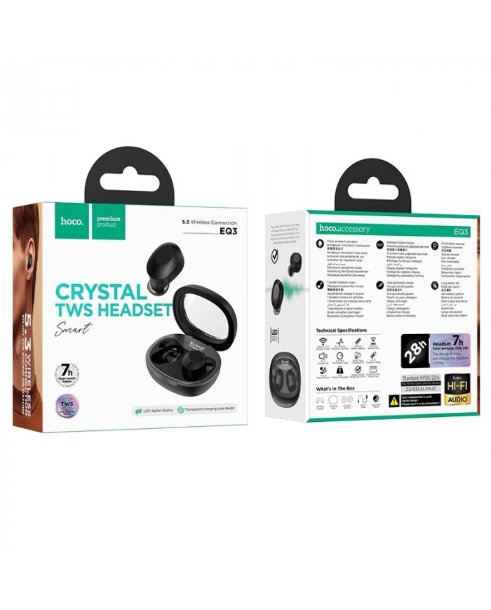 Wireless Hands Free Hoco EQ3 Smart TWS V5.3 με Πλήκτρο Ελέγχου Συμβατό με Siri και 7h Ώρες Λειτουργίας Μαύρα