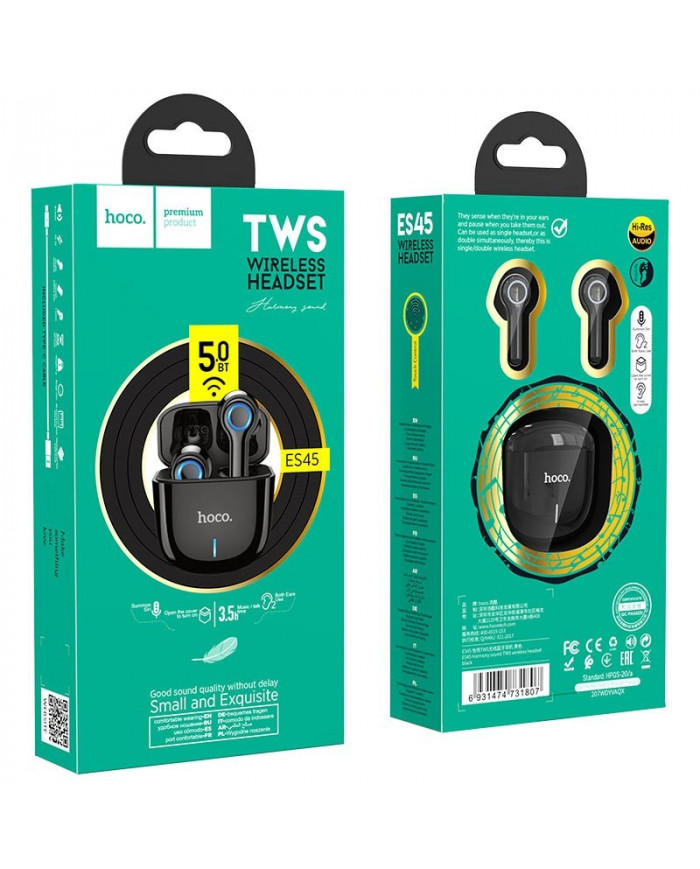 Wireless Hands Free Hoco ES45 Harmony sound TWS V5.0 με Πλήκτρο Αφής και Εναλλαγή Βασικού-Δευτερεύοντος Ακουστικού, Μαύρο