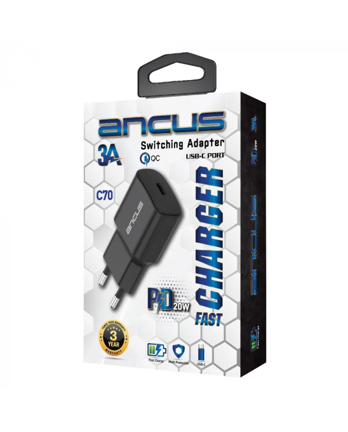 Φορτιστής Ταξιδίου Switching Ancus Supreme Series C70 Fast Charge με USB-C Έξοδο QC 3.0 PD 20W 5V/3A Μαύρο
