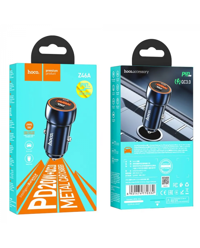 Φορτιστής Αυτοκινήτου Hoco Z46A Blue Whale USB-C PD20W σε USB 18W QC3.0 5V/3A Μπλε