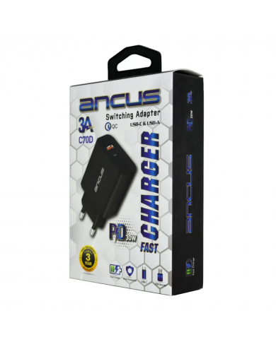 Φορτιστής Ταξιδίου Switching Ancus Supreme Series C70D Dual Fast Charge με USB/USB-C Έξοδο QC3.0 PD 30W Μαύρο