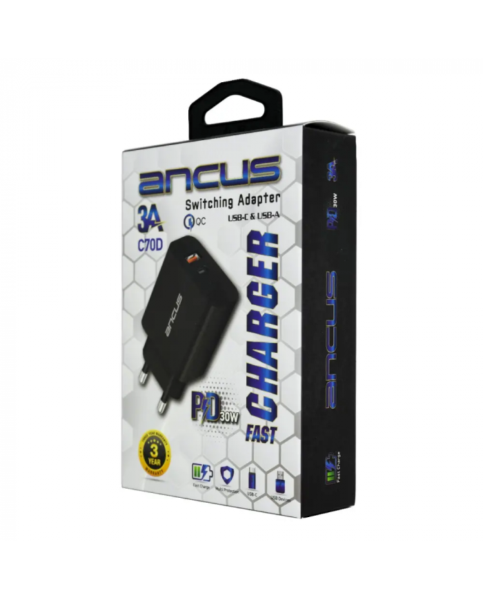 Φορτιστής Ταξιδίου Switching Ancus Supreme Series C70D Dual Fast Charge με USB/USB-C Έξοδο QC3.0 PD 30W Μαύρο