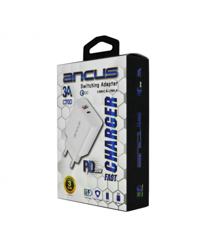 Φορτιστής Ταξιδίου Switching Ancus Supreme Series C70D Dual Fast Charge με USB/USB-C Έξοδο QC3.0 PD30W Λευκό