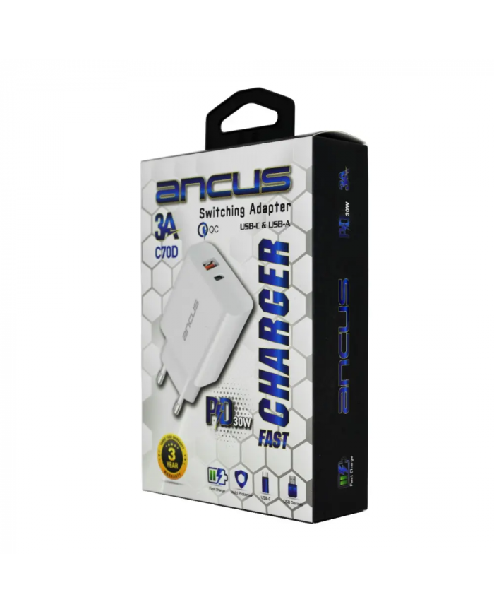 Φορτιστής Ταξιδίου Switching Ancus Supreme Series C70D Dual Fast Charge με USB/USB-C Έξοδο QC3.0 PD30W Λευκό