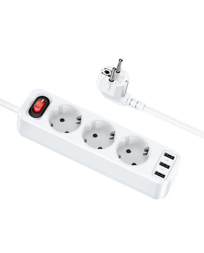 Πολύπριζο Hoco NS2 με 3 χ Σούκο 4000W + 3 x USB-A Εξόδους 12W 5V/2.4A με Διακόπτη Ασφαλείας On/Off Καλώδιο 1.8m Λευκό