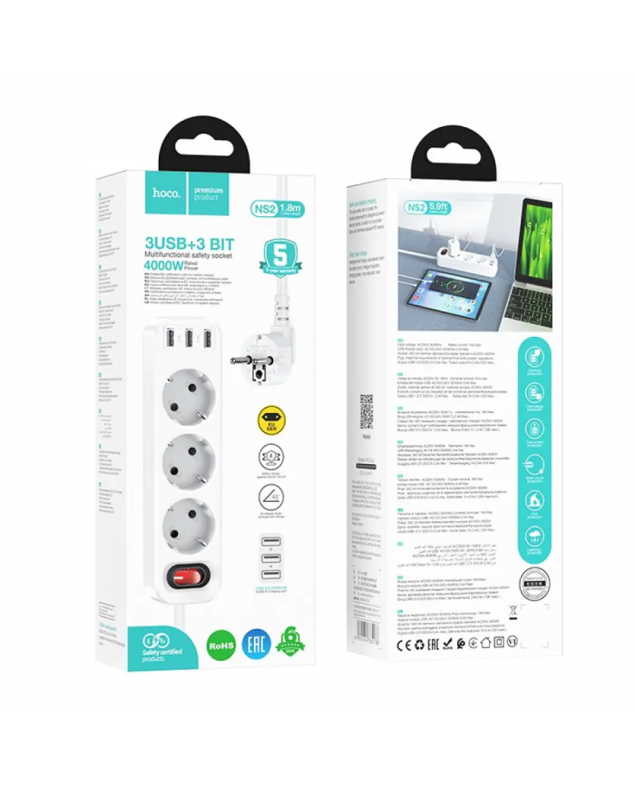 Πολύπριζο Hoco NS2 με 3 χ Σούκο 4000W + 3 x USB-A Εξόδους 12W 5V/2.4A με Διακόπτη Ασφαλείας On/Off Καλώδιο 1.8m Λευκό