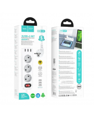 Πολύπριζο Hoco NS2 με 3 χ Σούκο 4000W + 3 x USB-A Εξόδους 12W 5V/2.4A με Διακόπτη Ασφαλείας On/Off Καλώδιο 1.8m Λευκό