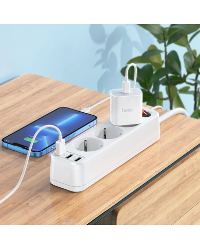 Πολύπριζο Hoco NS2 με 3 χ Σούκο 4000W + 3 x USB-A Εξόδους 12W 5V/2.4A με Διακόπτη Ασφαλείας On/Off Καλώδιο 1.8m Λευκό