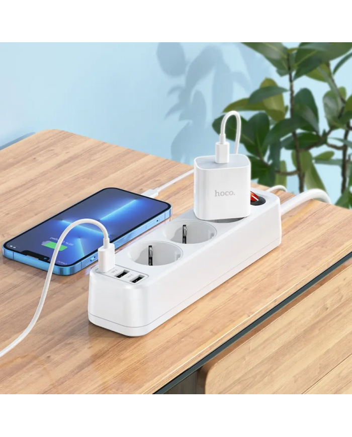 Πολύπριζο Hoco NS2 με 3 χ Σούκο 4000W + 3 x USB-A Εξόδους 12W 5V/2.4A με Διακόπτη Ασφαλείας On/Off Καλώδιο 1.8m Λευκό
