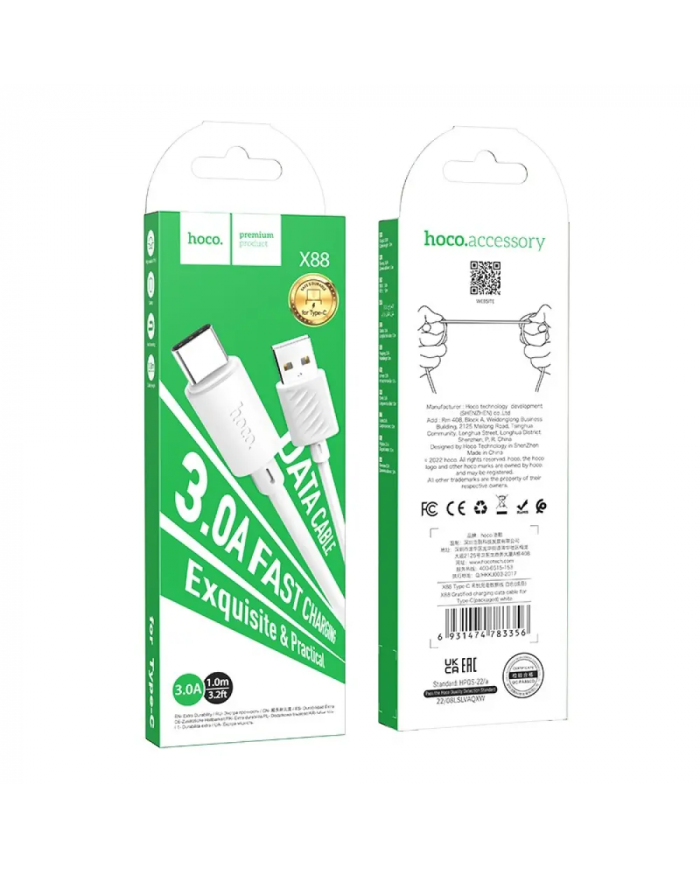 Καλώδιο σύνδεσης Hoco X88 USB σε USB-C 3.0A για Γρήγορη Φόρτιση και Μεταφορά Δεδομένων 1m Λευκό