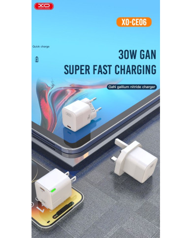 XO CE06 PD 30W GaN Γρήγορος Φορτιστής με λαμπάκι και Lightning Καλώδιο
