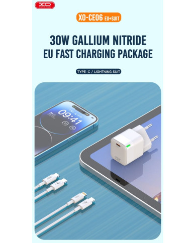 XO CE06 PD 30W GaN Γρήγορος Φορτιστής με λαμπάκι και Lightning Καλώδιο