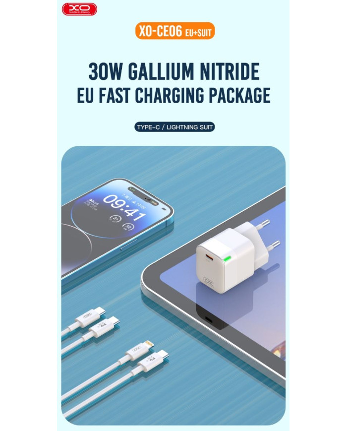 XO CE06 PD 30W GaN Γρήγορος Φορτιστής με λαμπάκι και Lightning Καλώδιο