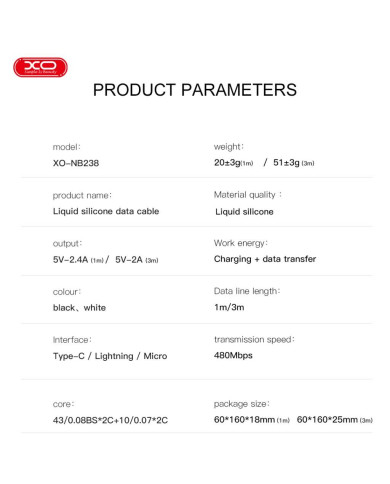 XO  Καλώδιο Φόρτισης + Data TypeC L 3M Zeus Series Μαύρο