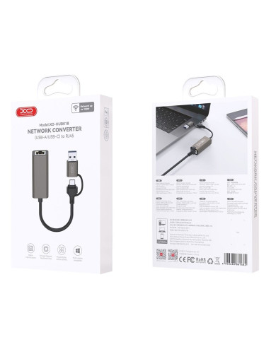XO HUB018 Αντάπτορας Δικτύου USB σε Type-C 2-σε-1 RJ45 100Mbs