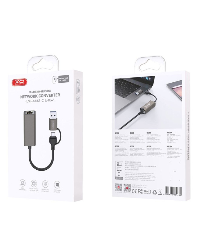 XO HUB018 Αντάπτορας Δικτύου USB σε Type-C 2-σε-1 RJ45 100Mbs