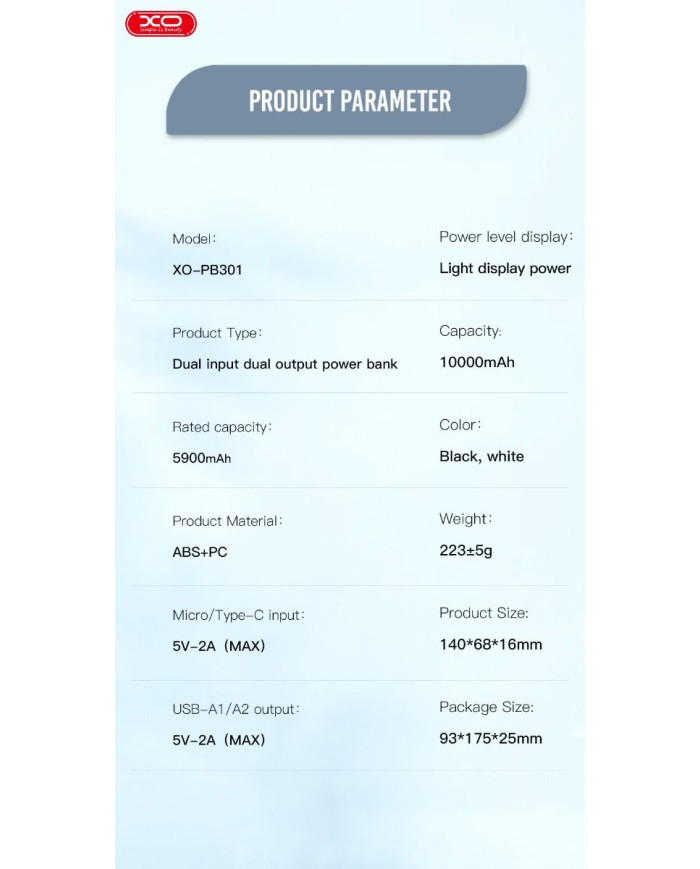 XO PB301 Light Display Powerbank 10000mAh (Μαύρο)