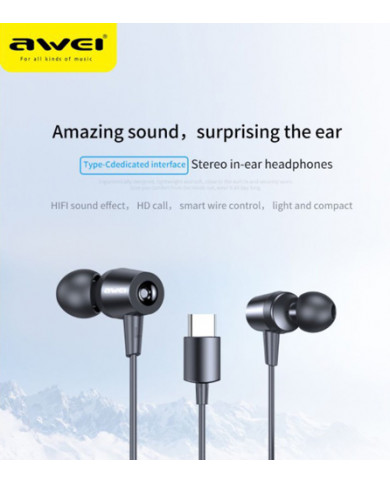 AWEI earphones με μικρόφωνο TC-1, Type-C, 1.2m, μαύρα AWEI earphones με μικρόφωνο TC-1, Type-C, 1.2m, μαύρα