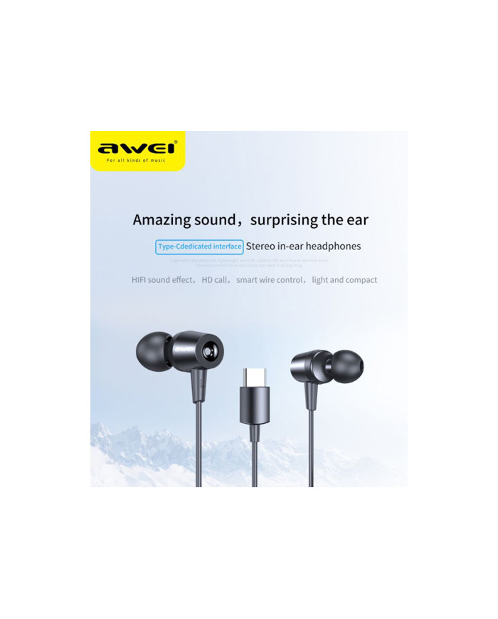 AWEI earphones με μικρόφωνο TC-1, Type-C, 1.2m, μαύρα
