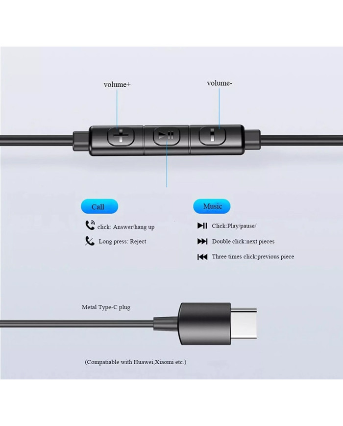 AWEI earphones με μικρόφωνο TC-1, Type-C, 1.2m, μαύρα