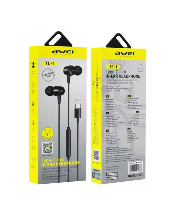 AWEI earphones με μικρόφωνο TC-1, Type-C, 1.2m, μαύρα