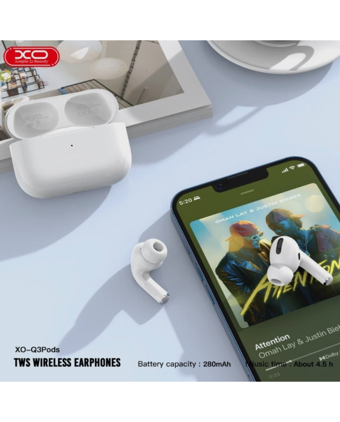 XO Q3Pods Bluetooth Ακουστικά (3ης γενιάς με Αισθητήρα Αυτιού Και Λειτουργία Ασύρματης Φόρτισης)