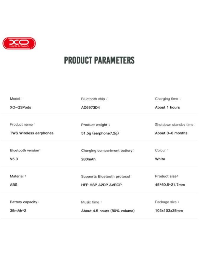 XO Q3Pods Bluetooth Ακουστικά (3ης γενιάς με Αισθητήρα Αυτιού Και Λειτουργία Ασύρματης Φόρτισης)