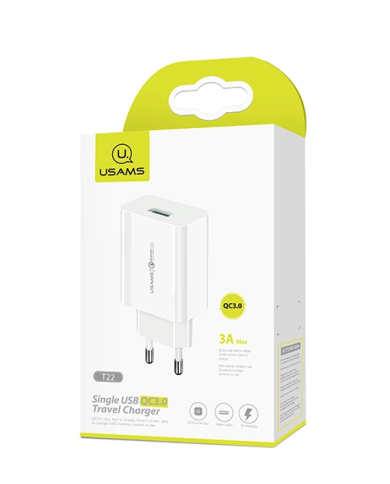 USAMS φορτιστής τοίχου T22, 1x USB, QC3.0 18W 3A, λευκός