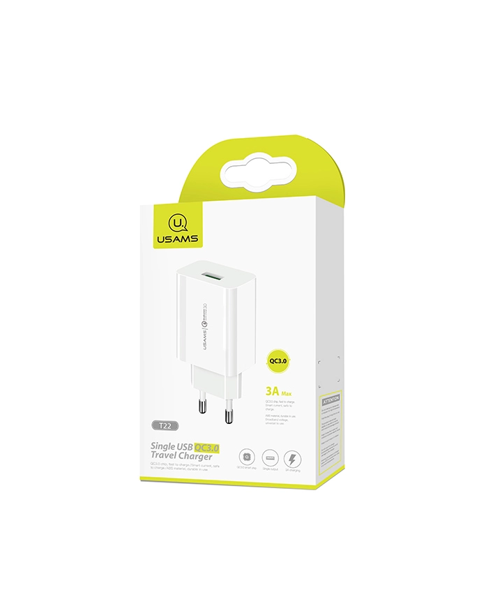 USAMS φορτιστής τοίχου T22, 1x USB, QC3.0 18W 3A, λευκός