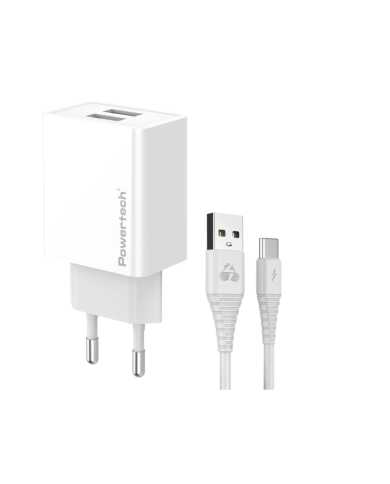 POWERTECH φορτιστής τοίχου PT-1324 με καλώδιο USB-C, 2x USB, 12W, λευκός
