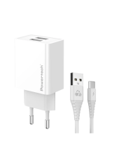 POWERTECH φορτιστής τοίχου PT-1324 με καλώδιο USB-C, 2x USB, 12W, λευκός