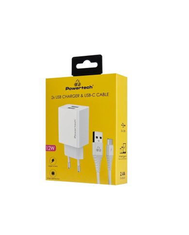 POWERTECH φορτιστής τοίχου PT-1324 με καλώδιο USB-C, 2x USB, 12W, λευκός
