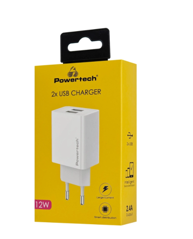 POWERTECH φορτιστής τοίχου PT-1321, 2x USB, 12W, λευκός