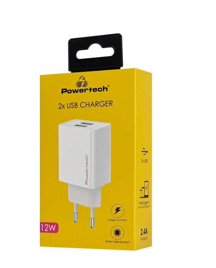POWERTECH φορτιστής τοίχου PT-1321, 2x USB, 12W, λευκός
