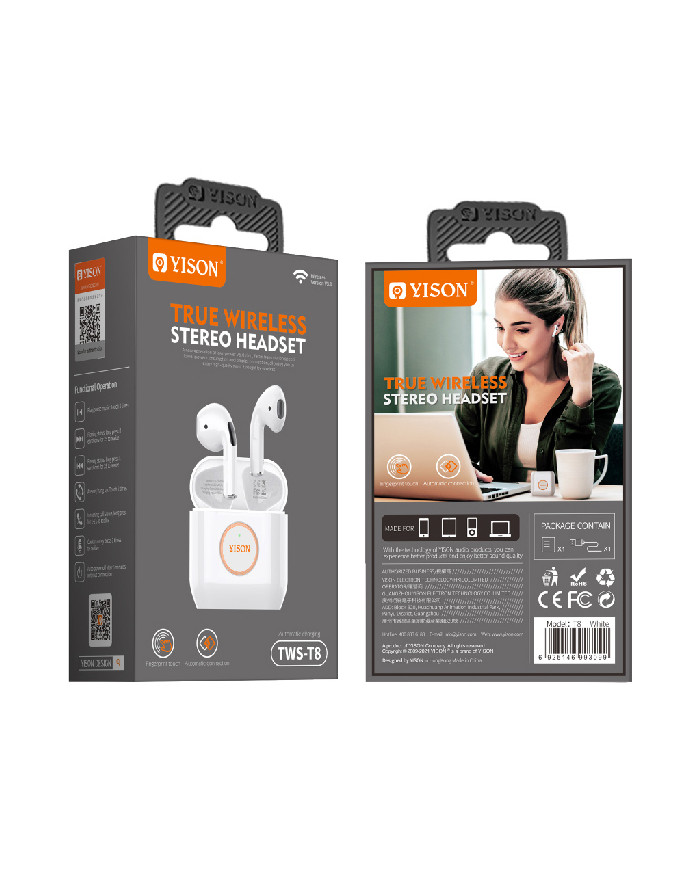 YISON earphones με θήκη φόρτισης T8, True Wireless, λευκά