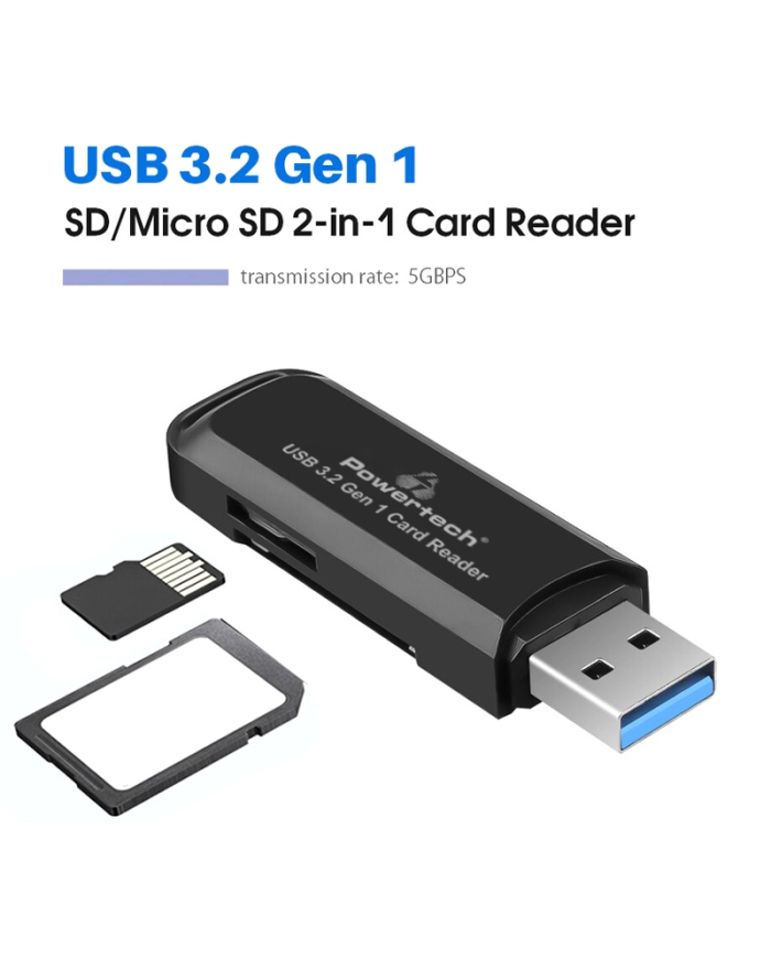 POWERTECH card reader PT-1112 για SD & micro SD, USB 3.2, 5Gbps, μαύρο