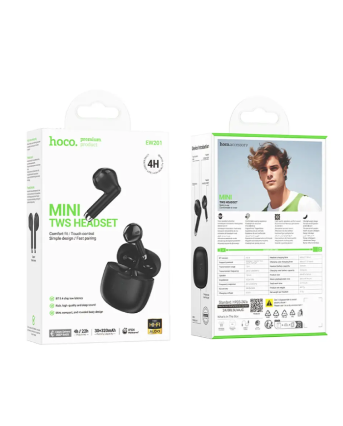 Wireless Hands Free Hoco EW201 Graceful V5.3 320mAh Συμβατό με Master/Slave Εναλλαγή και 4 Ώρες Ομιλίας Μαύρα