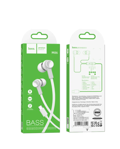 Hands Free Hoco M86 Oceanic Universal Earphones Deep Bass Stereo USB-C Συμβατά με Όλες τις Συσκευές USB-C Λευκό 1.2m