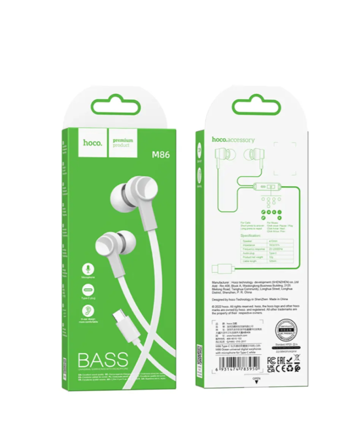 Hands Free Hoco M86 Oceanic Universal Earphones Deep Bass Stereo USB-C Συμβατά με Όλες τις Συσκευές USB-C Λευκό 1.2m