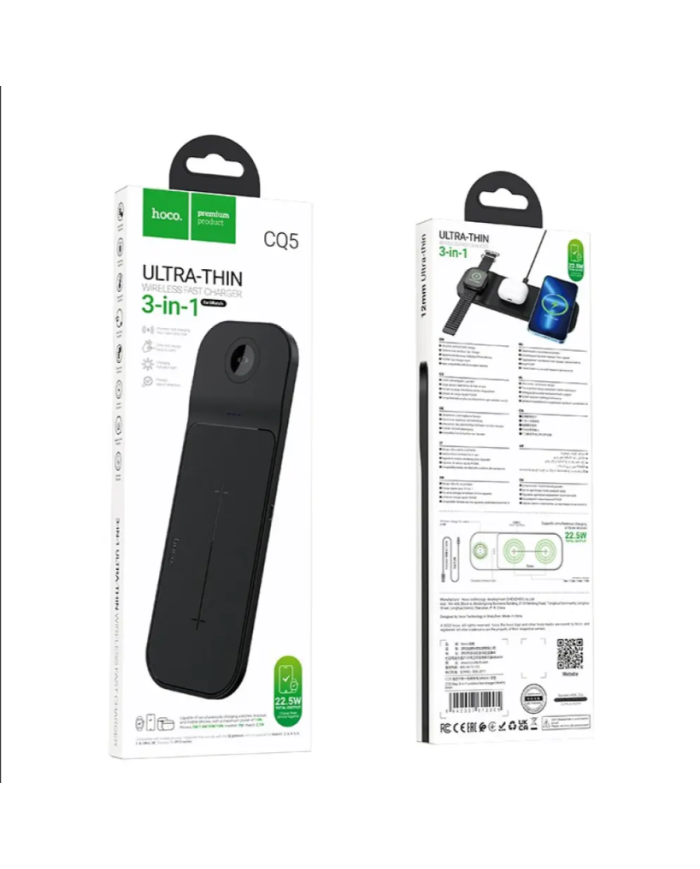 Επιτραπέζια Βάση Ασύρματης Φόρτισης Hoco CQ5 Step 3-in-1 22.5W 3A για Φόρτιση Τριών Συσκευών Συμβατών με QI Slim Μαύρη