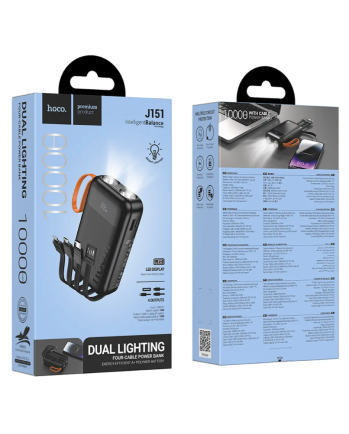 Power Bank Hoco J151 Spirit 10000mAh με 4 Καλώδια Φόρτισης, Φακό και LED Ένδειξη Μαύρο