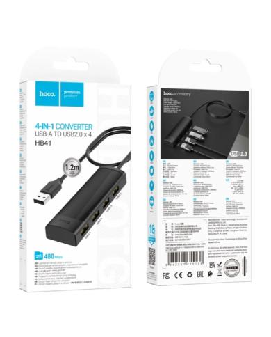 Hub USB Hoco HB41 Easy Safety 4-in-1 USB2.0 σε 4xUSB2.0 480Mbps 5V/3A Μαύρο 1.2m