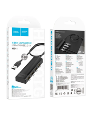 Hub USB Hoco HB41 Easy Safety 4-in-1 USB2.0 σε 4xUSB2.0 480Mbps 5V/3A Μαύρο 1.2m