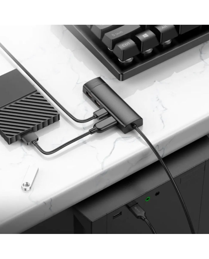 Hub USB Hoco HB41 Easy Safety 4-in-1 USB2.0 σε 4xUSB2.0 480Mbps 5V/3A Μαύρο 1.2m